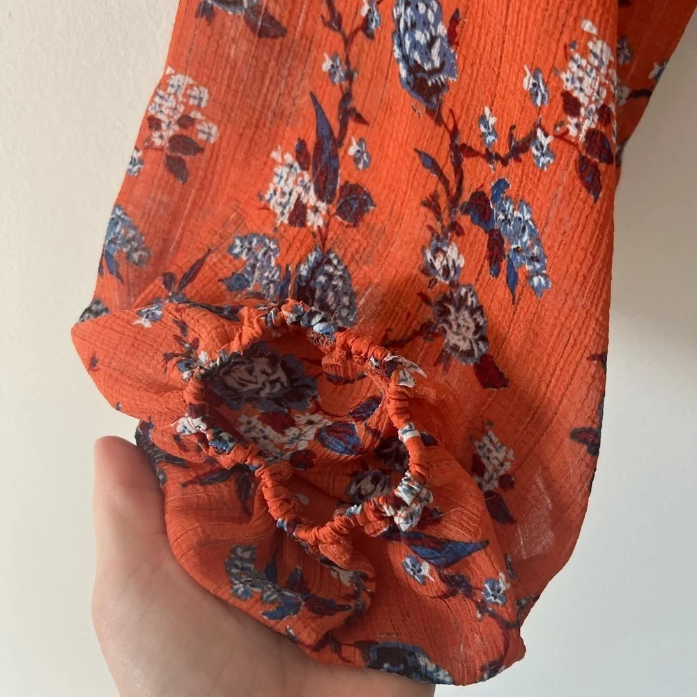 Free People Final Rose Rust Floral Ruched V-Neck Blouse XS